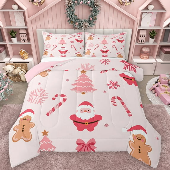 Manfei Pink Christmas Tree Full Size Comforter Sets,Cute Santa Claus Bedding Comforter Set,Brown Gingerbread Man Bedding Sets For Girl Boy,Ultra Soft Home Decor Reversible,3-Piece