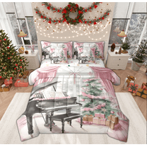 Manfei Pink Christmas Tree Twin Bedding Sets 7-Piece for Kids, Cartoon Princess Bedding Comforter Set, Western Retro Piano Reversible Sheet Sets, Lightweight Room Decor
