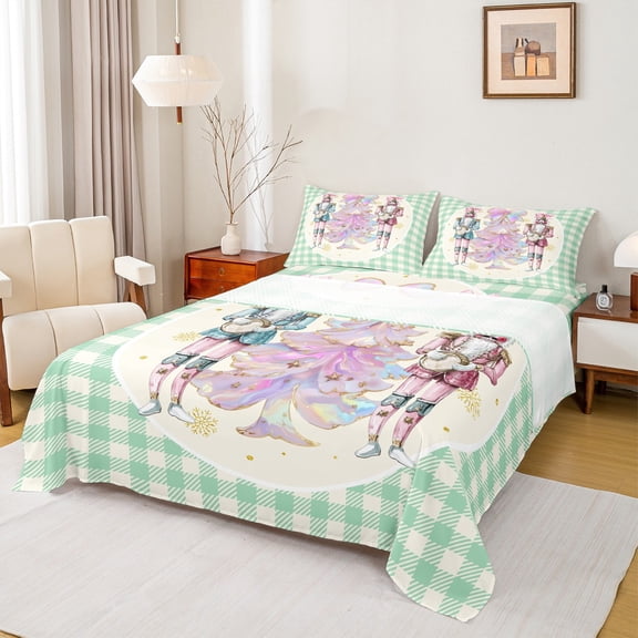 Manfei Pink Xmas Tree Twin Sheet Set,Green Grid Nutcracker,Ultra Soft Decor For Teens,3-Piece
