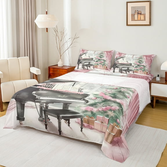 Manfei Pink Christmas Tree Twin Sheet Sets for Kids, Cartoon Princess Twin Fitted Sheet, Western Retro Piano Flat Sheet, Lightweight Room Decor, 3-Piece