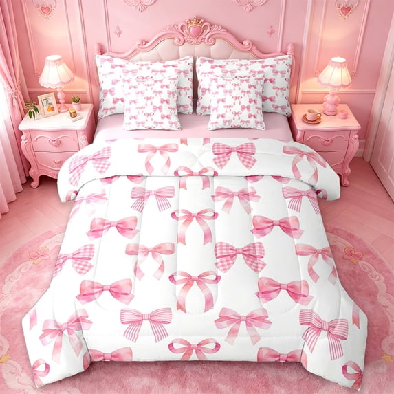 Manfei Pink Coquette Bow 7-Piece Twin Bedding Sets For Girls,Cute Bowknot Stripe Print Bedding Comforter Set For Kids,Pink Reversible