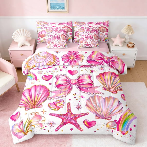 Manfei Pink Coquette Bow Bedding Comforter Set for Girls, Cute Rainbow Seashell Full Bedding Set, Pink Reversible 7pcs