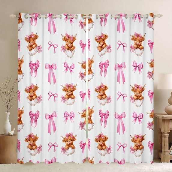 Manfei Pink Coquette Bow Blackout Curtains Set of 2 (52x84 Each),Rustic Animal Highland Cattle Curtain