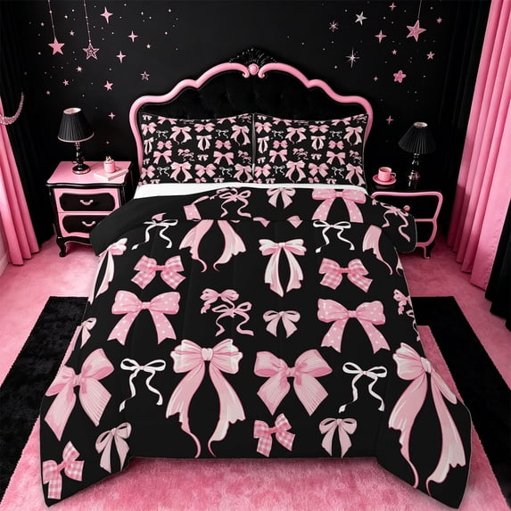 Manfei Pink Coquette Bow Full Size Comforter Sets For Girls,Cute Polka Dot Bowknot Bedding Sets For Kids,Black Reversible,3 Pieces