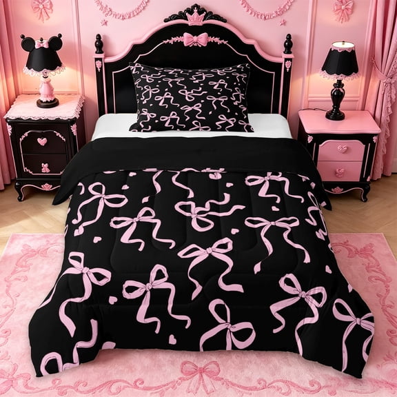 Manfei Pink Coquette Bow Twin Comforter Sets For Kids,Ribbon Bowknot Heart Bedding Set For Girls,Black Reversible,2pcs