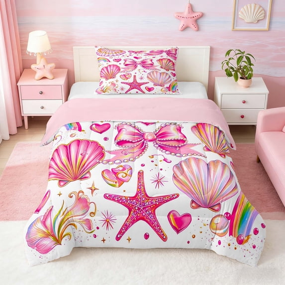 Manfei Pink Coquette Bow Twin Comforter Sets for Girls, Cute Rainbow Seashell Bedding Set, Pink Reversible 2pcs, 1 Comforter and 1 Pillowcase