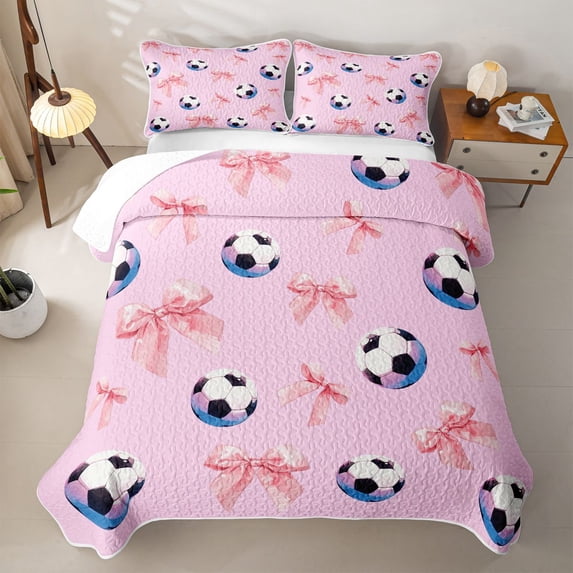 Manfei Pink Coquette Bow Twin Quilt Set For Girls,Kids Soccer Sport Game Twin Coverlet Set,2 Pieces