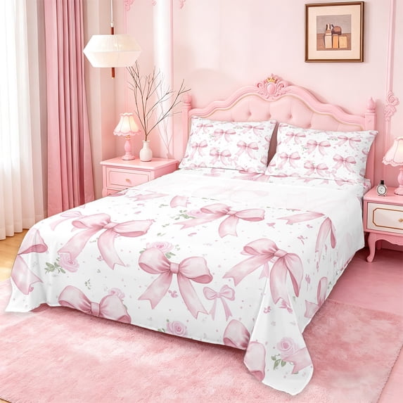 Manfei Pink Coquette Bowknot Bed Sheets For Kids,Rustic Plant Flowers King Sheets For Girls,4pcs