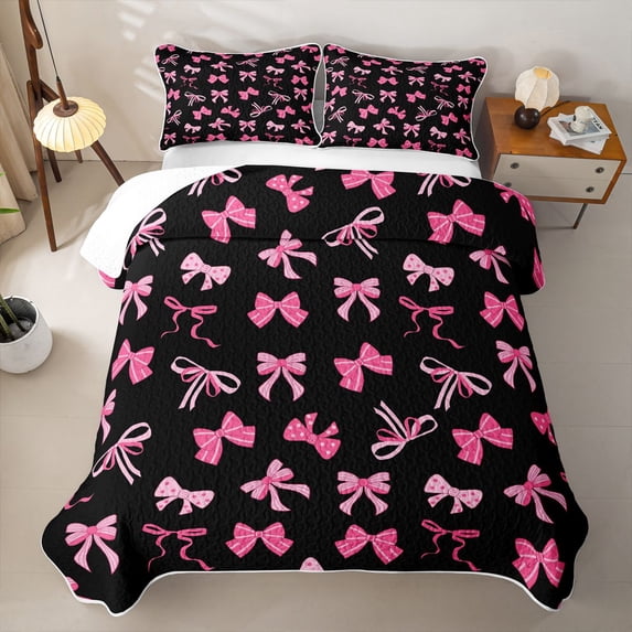 Manfei Pink Coquette Bowknot Bed Spread Queen For Girls,Pink Princess Bow Queen Coverlet Set For Kids,3-Piece