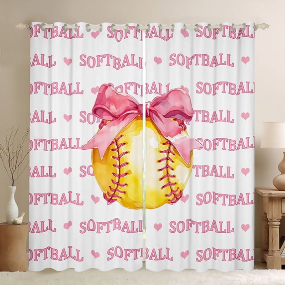 Manfei Pink Coquette Bowknot Blackout Curtains,Softball Ball Games Curtains Pack of 2 (42x84 Each)