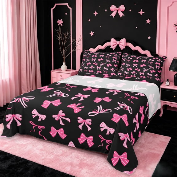 Manfei Pink Coquette Bowknot Full Size Sheets For Girls,Pink Princess Bow Bed Sheets For Kids,4pcs