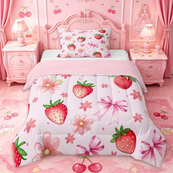 Manfei Pink Coquette Bowknot Twin Comforter Sets For Girls,Kawaii Strawberry Red Floral Bedding Set For Kids,Pink Reversible,2pcs