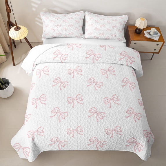 Manfei Pink Coquette Bowknot Twin Quilt Set For Kids,Girls Bow Tie Twin Coverlet Set For Princess,2 Pieces