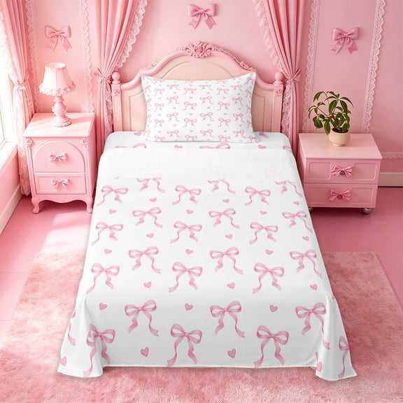 Manfei Pink Coquette Bowknot Twin Sheet Sets For Kids,Bow Heart Polka Dot Bedding For Girls,3pcs