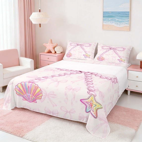 Manfei Pink Coquette Pearl Bow Seashell Full Size Sheets for Girls, Cute Girlish Print Bed Sheets 4-Piece, 1 Flat Sheet, 1 Fitted Sheet and 2 Pillowcases