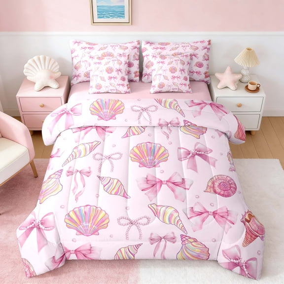 Manfei Pink Coquette Seashell Bow Pearl Bedding Comforter Set for Girls, Cute Girlish Print Queen Bedding Sets, Pink Reversible 7pcs