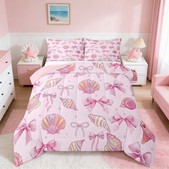 Manfei Pink Coquette Seashell Bow Pearl Queen Comforter Set for Girls, Cute Girlish Print Bedding Comforter Set, Pink Reversible 3pcs, 1 Comforter and 2 Pillowcases