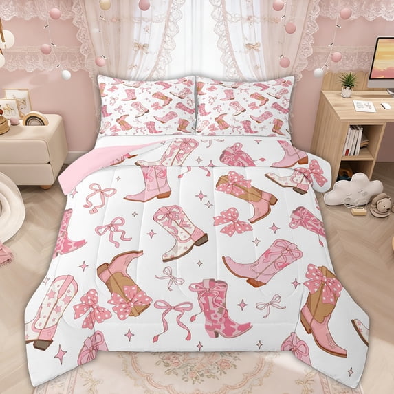Manfei Pink Cowboy Boot Bow Print Full Size Comforter Sets for Girls, Cute Boots Bedding Sets, Pink Reversible, 3-Piece
