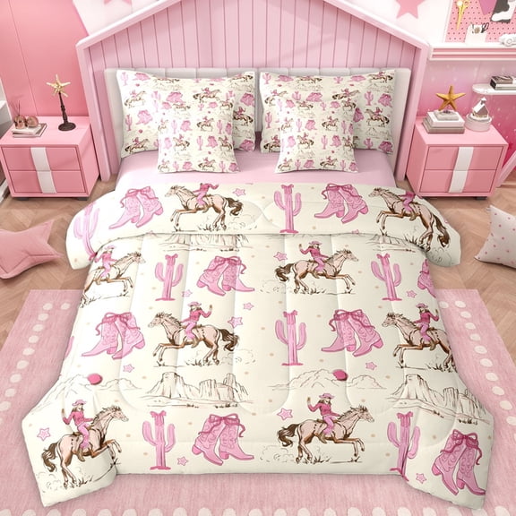 Manfei Pink Cowgirl Boot Bedding Comforter Set 7 Pieces for Teens, Hippie Western Cactus Full Bedding Set, Farmhouse Horse Animal Reversible Fitted Sheet Flat Sheet, Ultra Soft Bedroom Decor