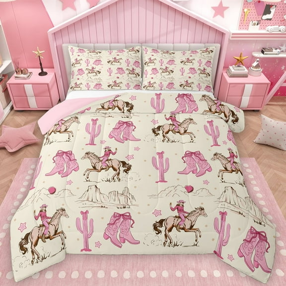 Manfei Pink Cowgirl Boot Full Size Comforter Sets for Teens, Hippie Western Cactus Bedding Comforter Set, Farmhouse Horse Animal Reversible Bedding Sets, Ultra Soft Bedroom Decor, 3pcs