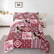Manfei Pink Cowgirl Cowboy Bedding Comforter Set, Western Boho Aztec Twin Comforter Sets, Rustic Cow Print Reversible Bedding Set, Super Cozy Room Decor, 2-Piece