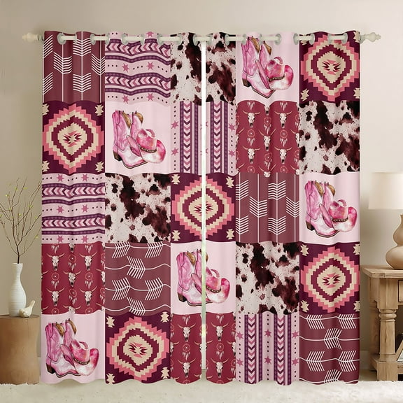 Manfei Pink Cowgirl Cowboy Black Out Curtains, Western Boho Aztec Curtains Pack of 2 (42x63 Each), Rustic Cow Print Bedroom Curtains, Window Curtains Room Decor