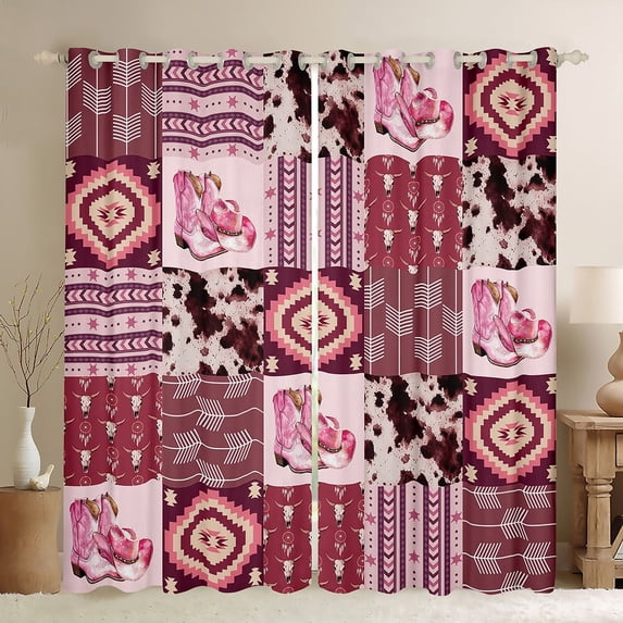Manfei Pink Cowgirl Cowboy Black Out Curtains, Western Boho Aztec Curtains Pack of 2 (42x63 Each), Rustic Cow Print Bedroom Curtains, Window Curtains Room Decor
