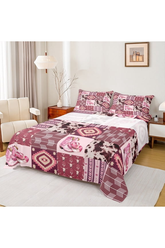 Pink Cowgirl Cowboy Full Size Sheets, Western Boho Aztec Bed Sheets, Rustic Cow Print Sheet Sets, Super Cozy Room Decor, 4-Piece