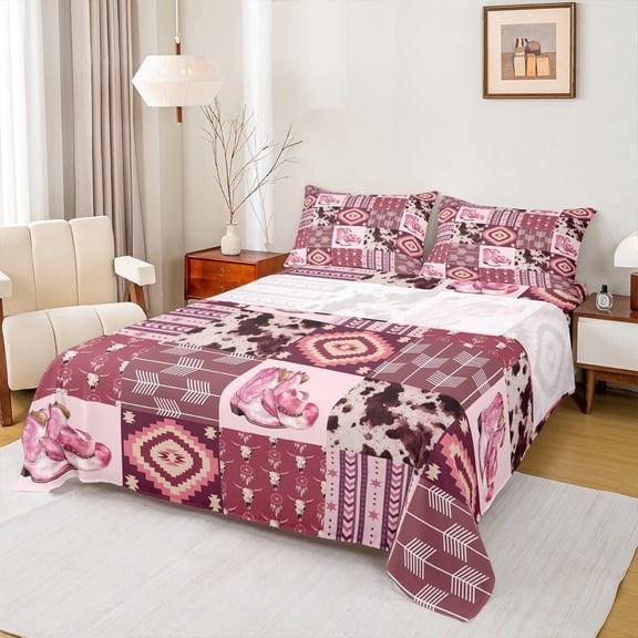 Manfei Pink Cowgirl Cowboy Queen Sheet Sets, Western Boho Aztec Flat Sheet, Rustic Cow Print Queen Fitted Sheet, Super Cozy Room Decor, 4-Piece