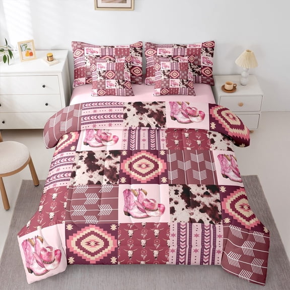 Manfei Pink Cowgirl Cowboy Twin Bedding Sets 7-Piece, Western Boho Aztec Bedding Comforter Set, Rustic Cow Print Reversible Sheet Sets, Super Cozy Room Decor