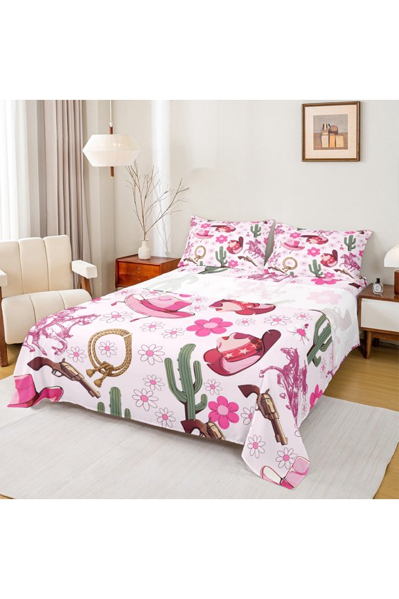 Pink Cowgirl Hats Boots Full Size Sheets, Cartoon Western Cactus Flower Bed Sheets, Rustic Horse Sheet Sets, Luxury Bedroom Decor, 4pcs