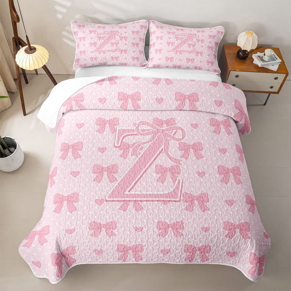 Manfei Pink Cute Bow Quilt Full For Girls,Cartoon 3D Letter Z Monogram Full Bedspread Sets,3-Piece