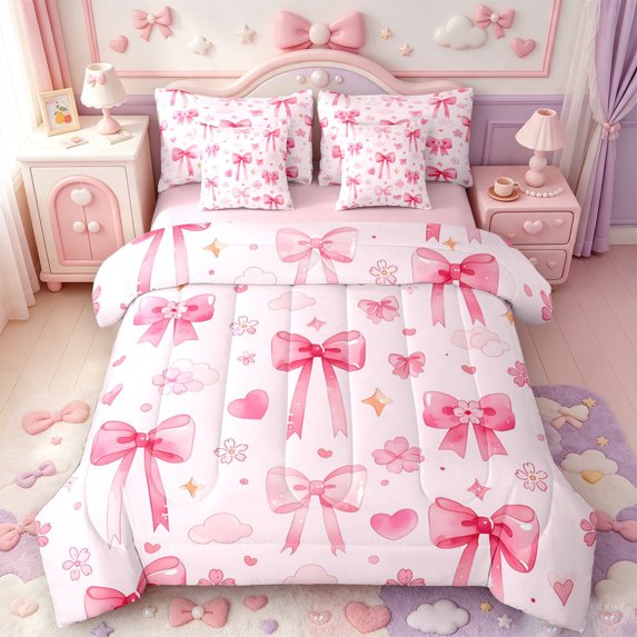 Manfei Pink Cute Bowtie 7-Piece King Bedding,Dreamy Princess Bows King Bed in a Bag,Pink Reversible