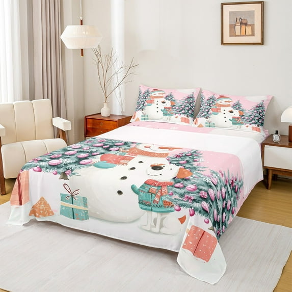 Manfei Pink Cute Snowman Full Size Sheets for Teen, Christmas Gifts Bed Sheets, Happy New Year Sheet Sets, Microfiber Bedroom Decor, 4 Pieces