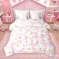 Manfei Pink Daisy Groovy Twin Bedding Sets 7-Piece, Cartoon Flower Floral Bedding Comforter Set, Teens Kids Boys Girls Reversible Sheet Sets, Microfiber Bedroom Decor