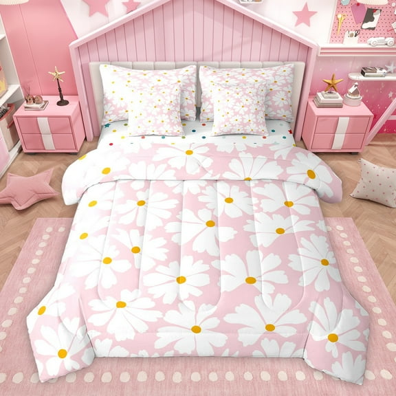 Manfei Pink Daisy Groovy Twin Bedding Sets 7-Piece, Cartoon Flower Floral Bedding Comforter Set, Teens Kids Boys Girls Reversible Sheet Sets, Microfiber Bedroom Decor