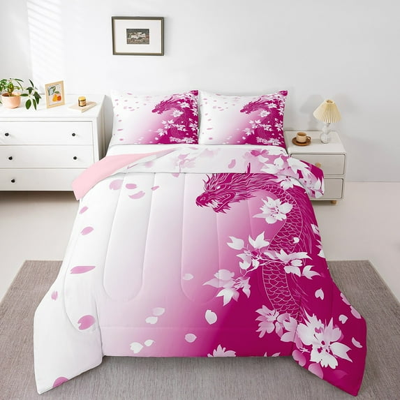 Manfei Pink Dragon 2pcs Bedding Comforter Set,Floral Animal Twin Comforter Sets,Cherry Blossom Breathable Bedding Set,Luxury Teenager Bedroom Decor,Reversible