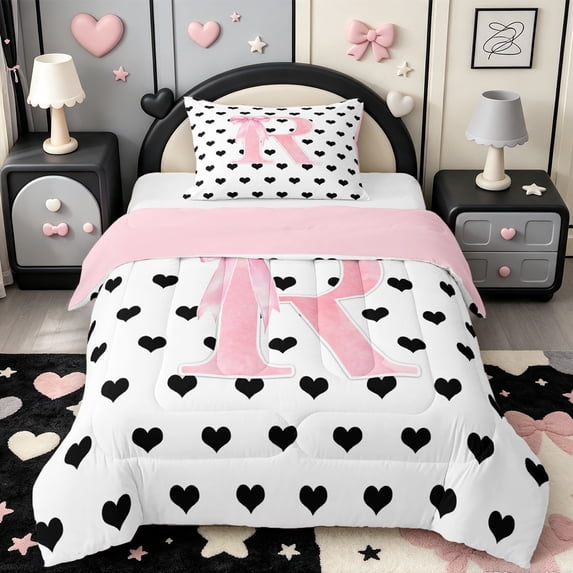 Manfei Pink Dreamy Bowtie Twin Comforter Sets,Cartoon Monogrammed R Print Bedding Set,Pink Reversible,2pcs,1 Comforter and 1 Pillowcase