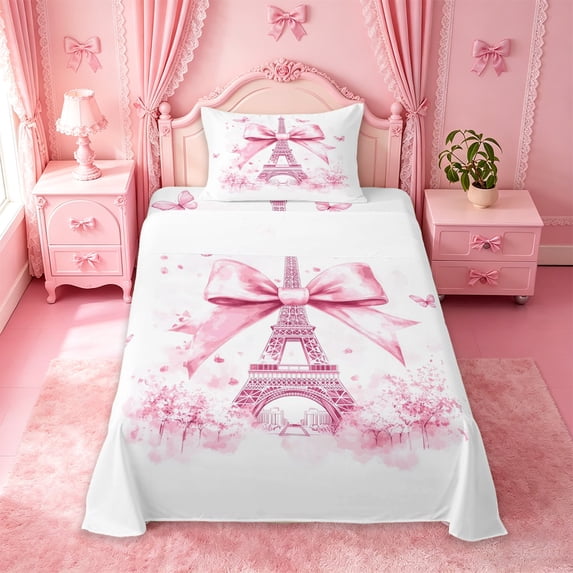 Manfei Pink Eiffel Tower Twin Sheet Sets,Cute Coquette Bow Bedding For Girls Kids,3pcs