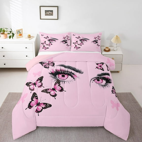 Manfei Pink Eyes Bedding Comforter Set,Kawaii Butterflies Twin Comforter Sets,Dreamy Fairy Tale Bedding Set For Girls Boys,Ultra Soft Home Decor Reversible,2-Piece