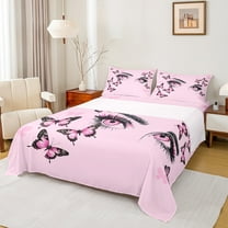 Manfei Pink Eyes Twin Sheet Sets,Kawaii Butterflies Twin Fitted Sheet,Dreamy Fairy Tale Flat Sheet For Girls Boys,Ultra Soft Home Decor,3-Piece