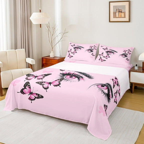 Manfei Pink Eyes Twin Sheet Sets,Kawaii Butterflies Twin Fitted Sheet,Dreamy Fairy Tale Flat Sheet For Girls Boys,Ultra Soft Home Decor,3-Piece