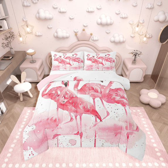 Manfei Pink Flamingo 2pcs Bedding Comforter Set,Cartoon Animal Twin Comforter Sets,Watercolor Splash Breathable Bedding Set,Microfiber Girls Bedroom Decor,Reversible