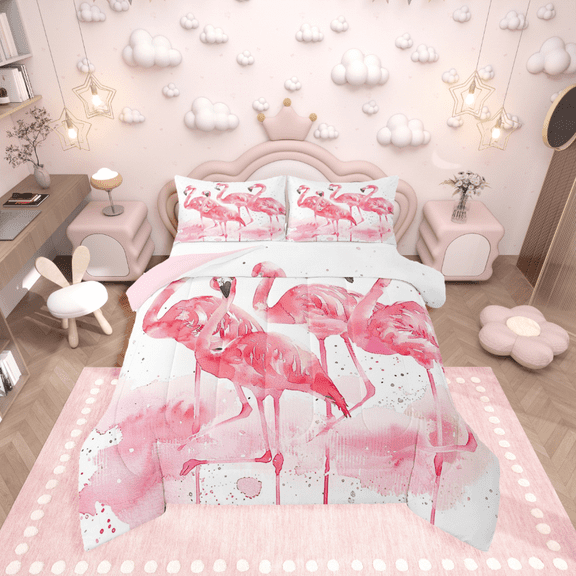 Manfei Pink Flamingo 3pcs King Size Comforter Sets,Cartoon Animal Bedding Comforter Set,Watercolor Splash Super Cozy Bedding Set,Microfiber Girls Bedroom Decor,Reversible