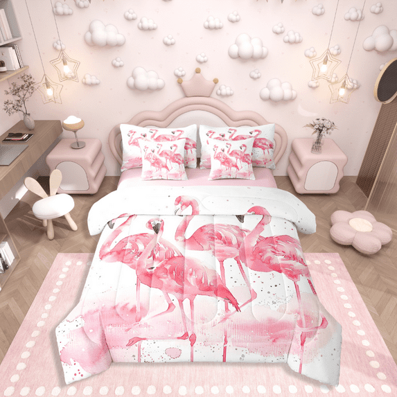 Manfei Pink Flamingo 7-Piece Twin Bedding Sets,Cartoon Animal Bedding Comforter Set,Watercolor Splash Breathable Sheet Sets,Microfiber Girls Bedroom Decor,Reversible