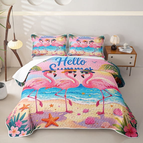 Manfei Pink Flamingos Twin Quilt Set,Lovely Flower Twin Coverlet Set,2 Pieces