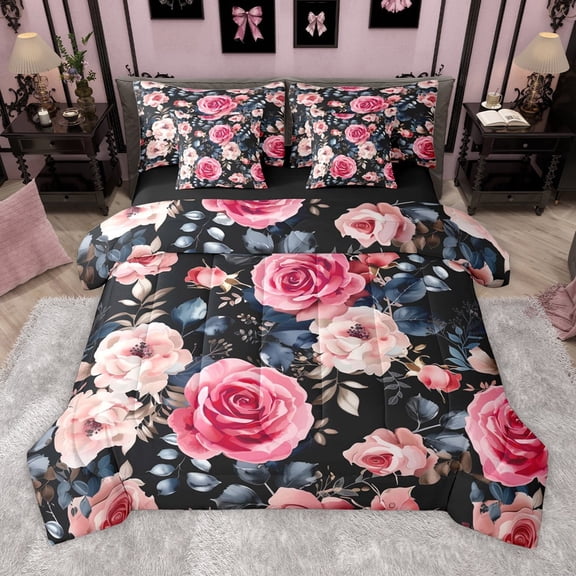 Manfei Pink Floral Rose 7-Piece Twin Bedding Sets for Teens Girls Women,Chic Flowers Bedding Comforter Set,Spring Graden Breathable Sheet Sets,Super Cozy Room Decor,Reversible