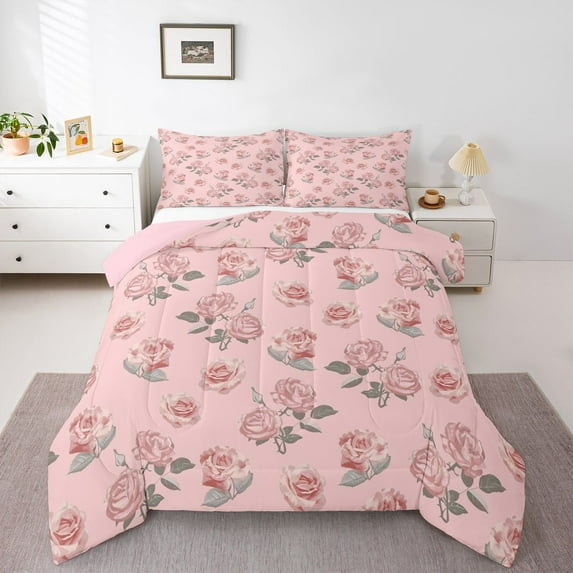 Manfei Pink Floral Rose Girl Bedding Comforter Set 2pcs,Dreamy Princess Twin Comforter Sets Microfiber,Spring Garden Breathable Bedding Set,Microfiber Bedroom Decor,Reversible