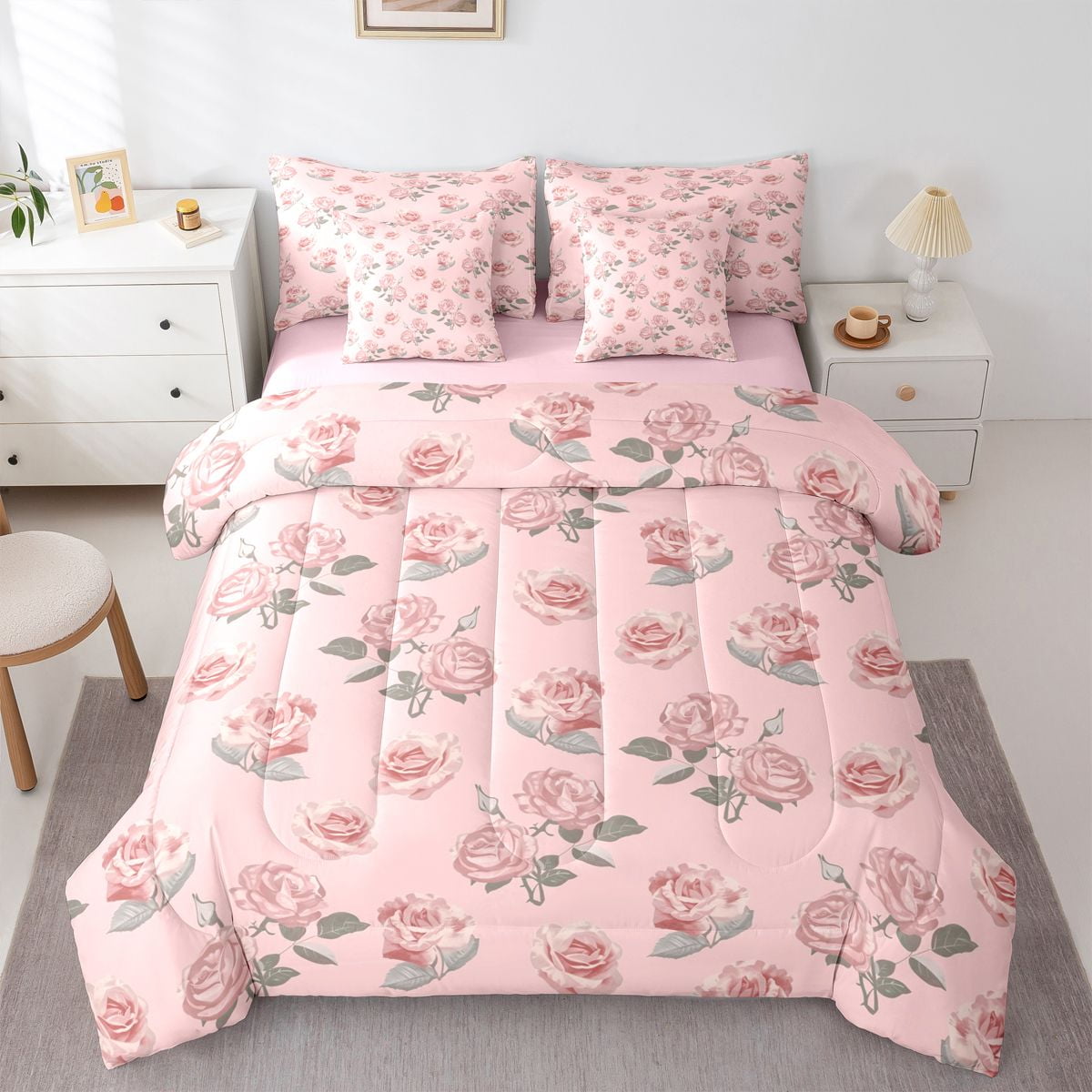 Manfei Pink Floral Rose Girl Bedding Comforter Set 7-Piece,Dreamy ...