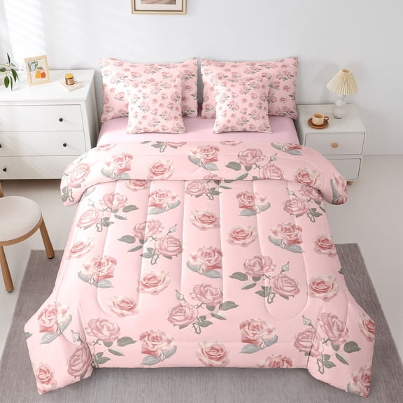 Manfei Pink Floral Rose Girl Twin Bedding Sets 7-Piece,Dreamy Princess Bedding Comforter Set Microfiber,Spring Garden Breathable Sheet Sets,Microfiber Bedroom Decor,Reversible